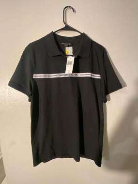 Michael Kors Men's Black Polo Shirt with Striped Brand Logo Detail